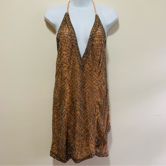 NBD Revolve Rischa Beaded Sequin Gold Sequin Mini Dress size medium - Picture 3 of 7
